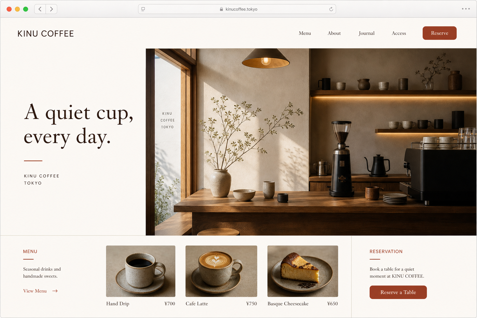 KINU COFFEEの架空Webサイトデザイン例